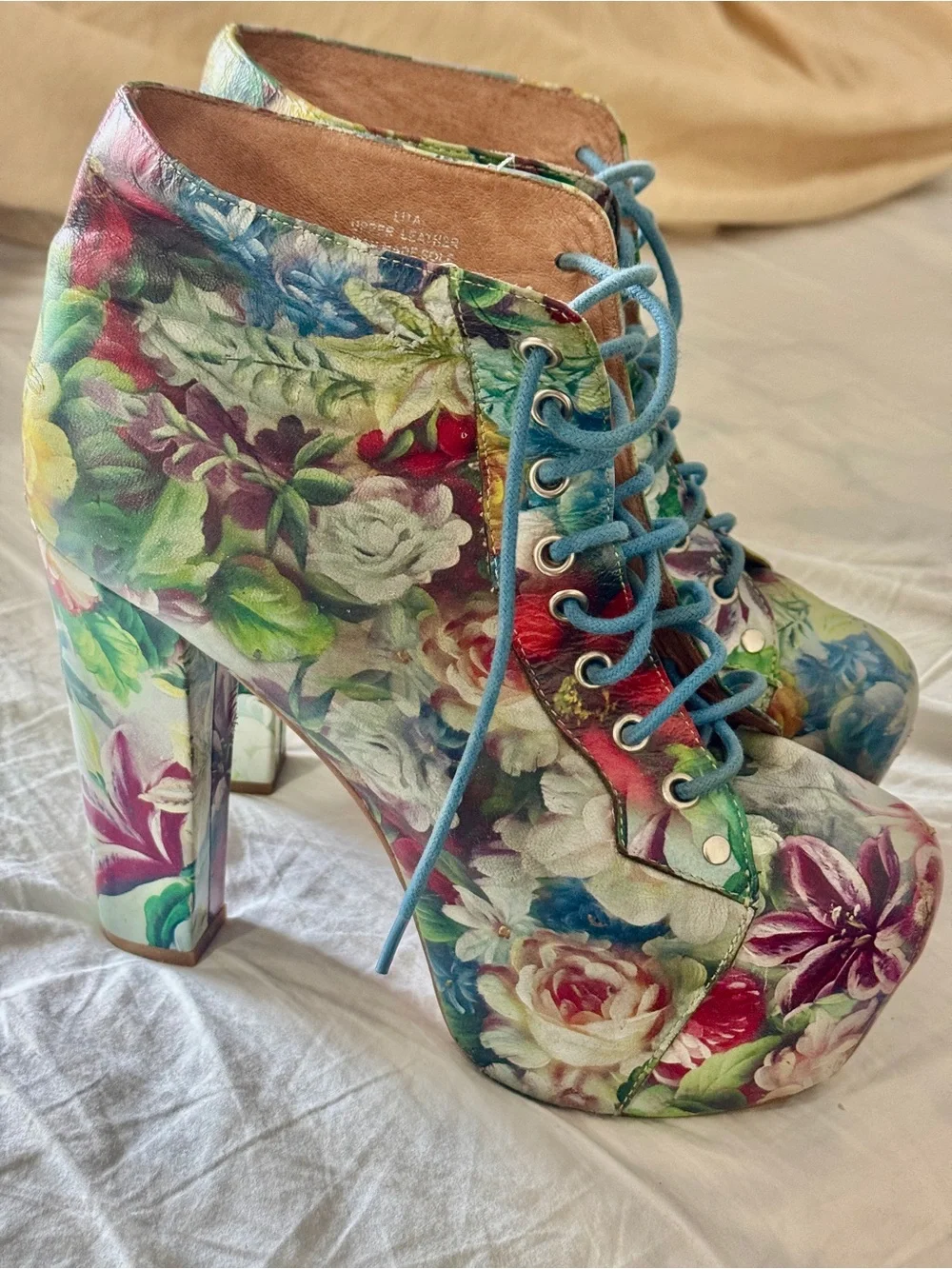 JEFFREY CAMPBELL Leather Floral Lace-Up Platform Heels SZ 9 Lita Style - Picture 4 of 11